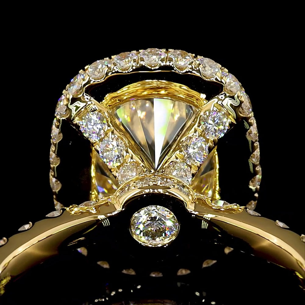 18K Yellow Gold Hidden Halo Ring with 3.11 Carat Cushion Cut Lab Diamond and Pavé Set Round Diamonds - Total 4.62 Carats IGI Certified - Covaloro Fine Jewelry