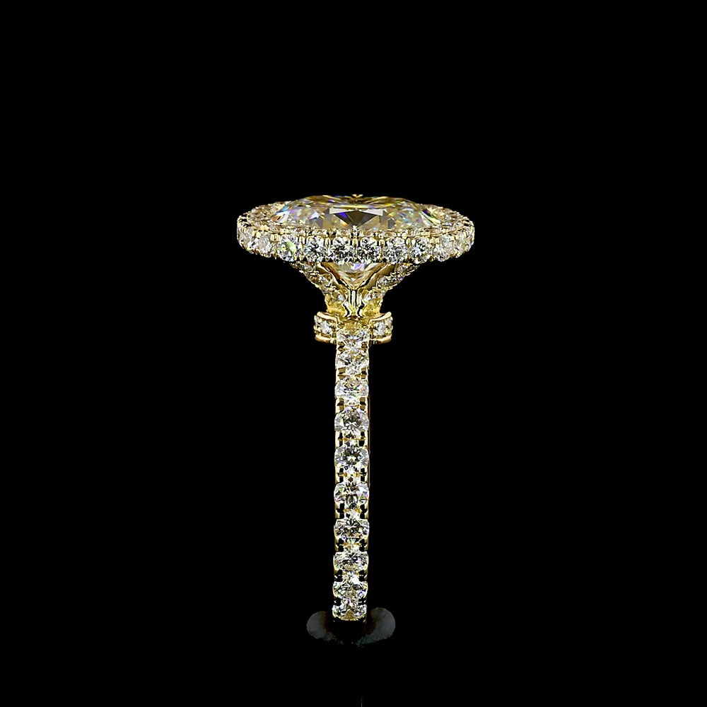 18K Yellow Gold Hidden Halo Ring with 3.11 Carat Cushion Cut Lab Diamond and Pavé Set Round Diamonds - Total 4.62 Carats IGI Certified - Covaloro Fine Jewelry
