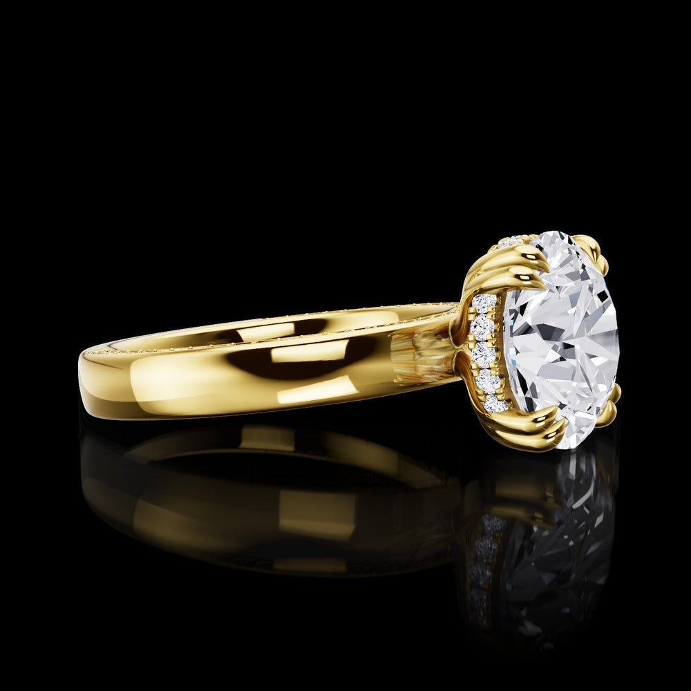 18K Yellow Gold Hidden Halo Ring with 3.44 Carat Round Brilliant Cut Lab Diamond E VVS2 and 0.47 Carat Accent Diamonds - Total 3.91 Carats - Covaloro Fine Jewelry