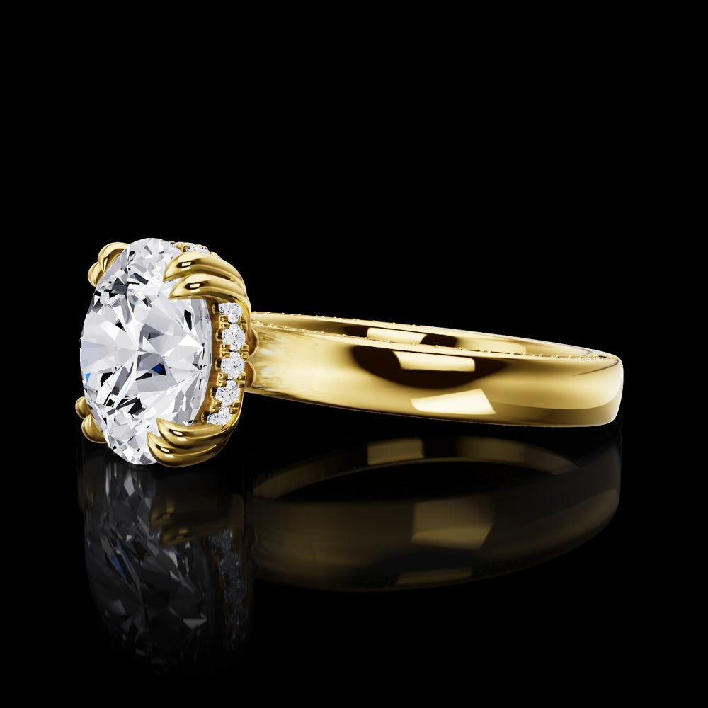 18K Yellow Gold Hidden Halo Ring with 3.44 Carat Round Brilliant Cut Lab Diamond E VVS2 and 0.47 Carat Accent Diamonds - Total 3.91 Carats - Covaloro Fine Jewelry