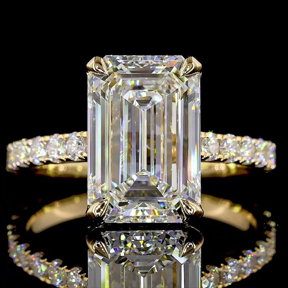 18K Yellow Gold Hidden Halo Ring with 4.00 Carat Emerald Cut Lab Diamond and 0.86 Carat Accent Diamonds - Total 4.86 Carats, IGI Certified - Covaloro Fine Jewelry