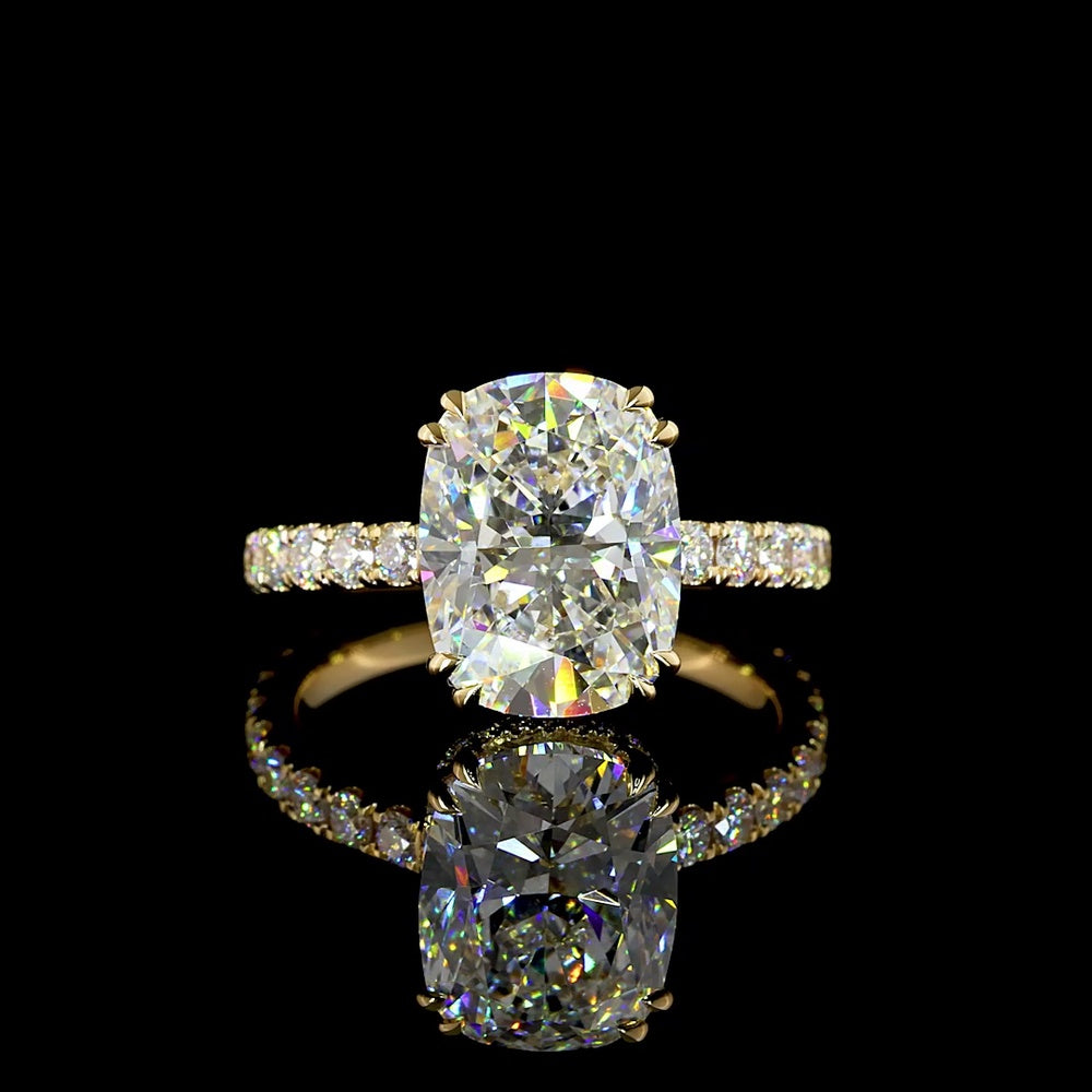 18K Yellow Gold Hidden Halo Ring with 4.03 Carat Antique Cushion Cut Lab Diamond and 0.13 Carat Brilliant Cut Accent Diamonds - IGI Certified D VS1 - Covaloro Fine Jewelry