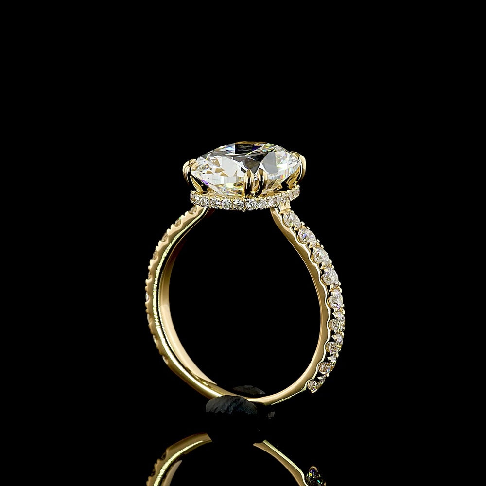 18K Yellow Gold Hidden Halo Ring with 4.03 Carat Antique Cushion Cut Lab Diamond and 0.13 Carat Brilliant Cut Accent Diamonds - IGI Certified D VS1 - Covaloro Fine Jewelry