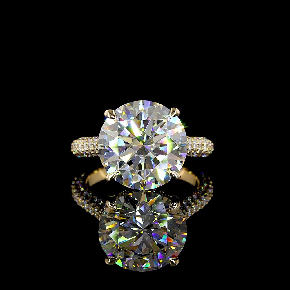 18K Yellow Gold Hidden Halo Ring with 7.02 Carat Round Brilliant Cut Lab Diamond, E VVS2 Clarity, and 1.29 Carats Accent Diamonds - 8.31 Total Carat Weight - Covaloro Fine Jewelry
