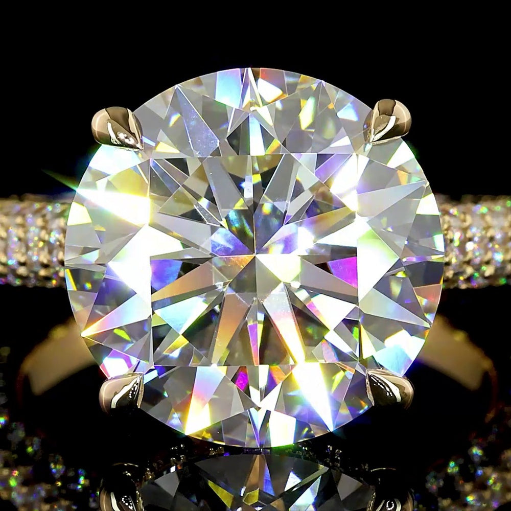 18K Yellow Gold Hidden Halo Ring with 7.02 Carat Round Brilliant Cut Lab Diamond, E VVS2 Clarity, and 1.29 Carats Accent Diamonds - 8.31 Total Carat Weight - Covaloro Fine Jewelry