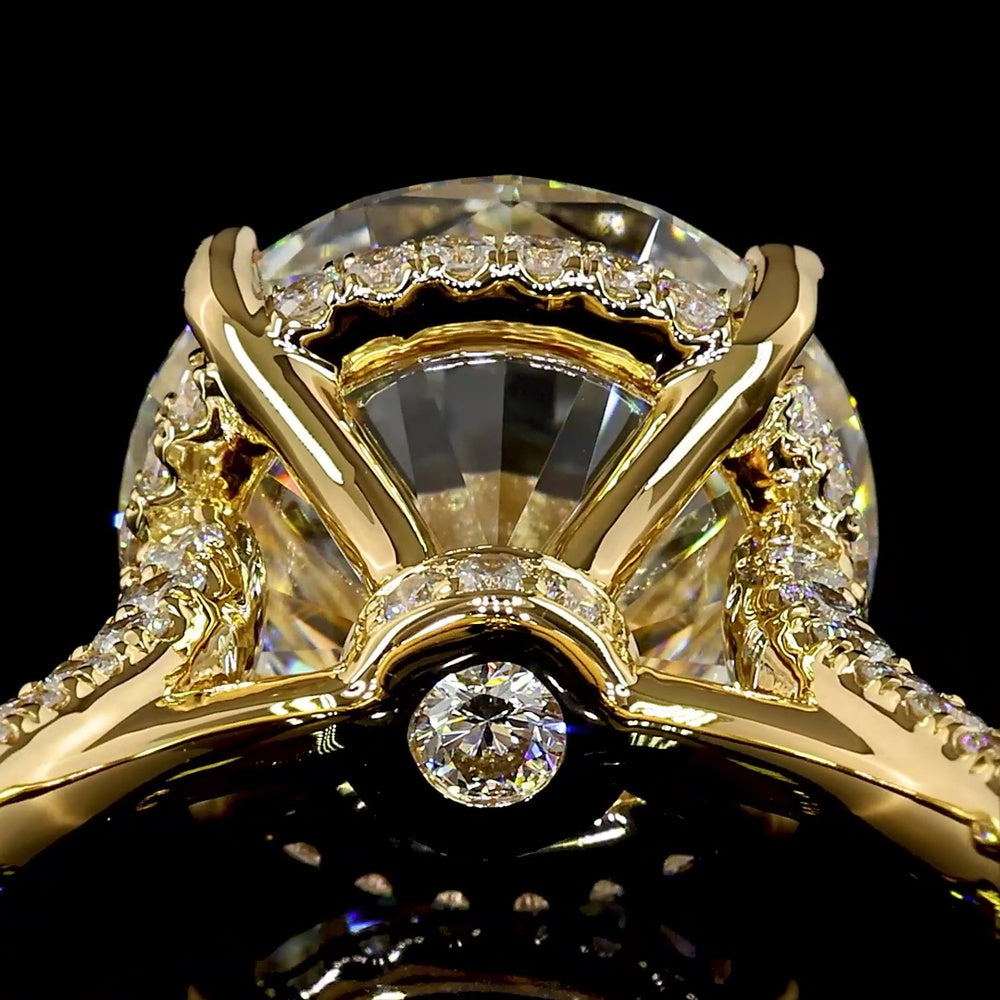 18K Yellow Gold Hidden Halo Ring with 7.02 Carat Round Brilliant Cut Lab Diamond, E VVS2 Clarity, and 1.29 Carats Accent Diamonds - 8.31 Total Carat Weight - Covaloro Fine Jewelry