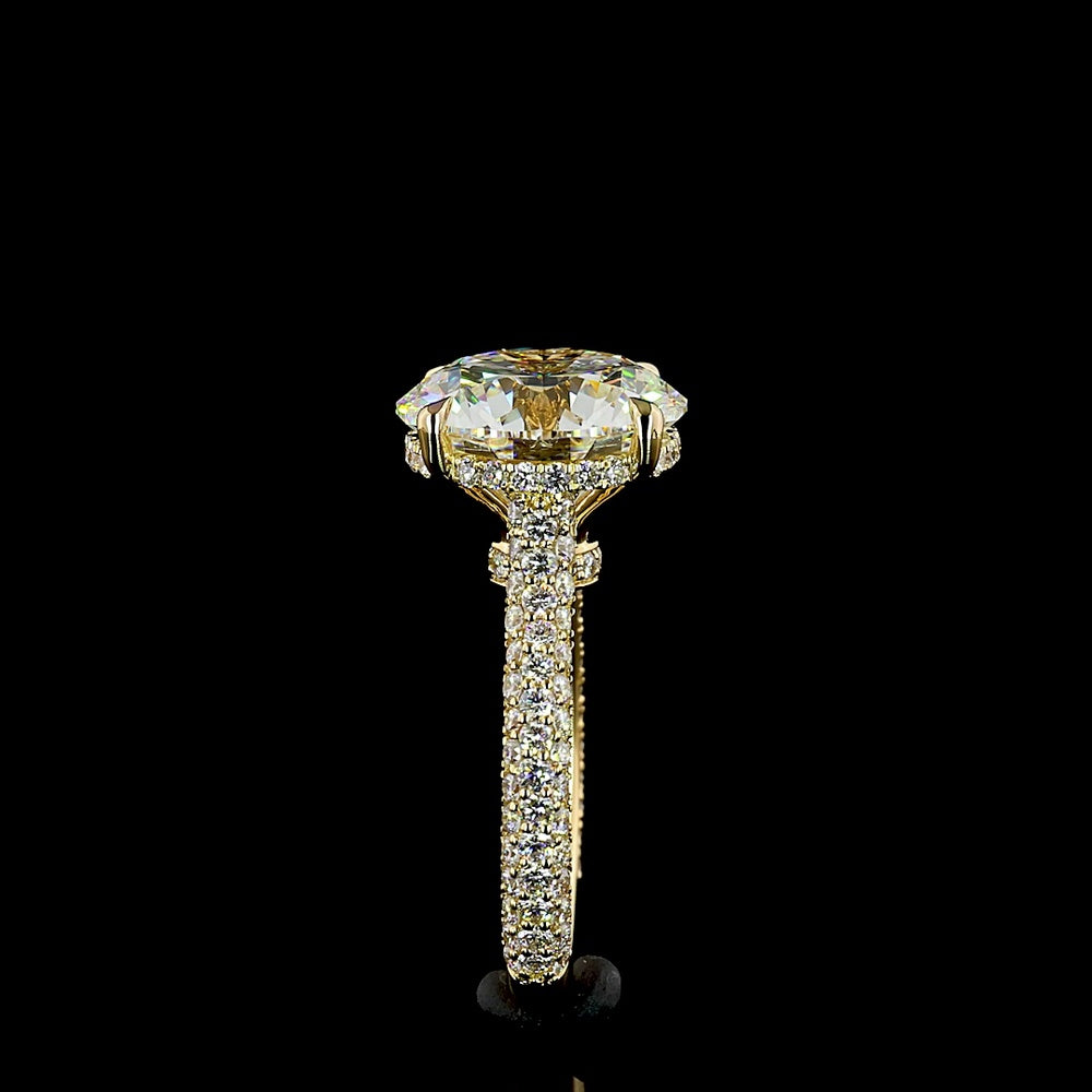 18K Yellow Gold Hidden Halo Ring with 7.02 Carat Round Brilliant Cut Lab Diamond, E VVS2 Clarity, and 1.29 Carats Accent Diamonds - 8.31 Total Carat Weight - Covaloro Fine Jewelry
