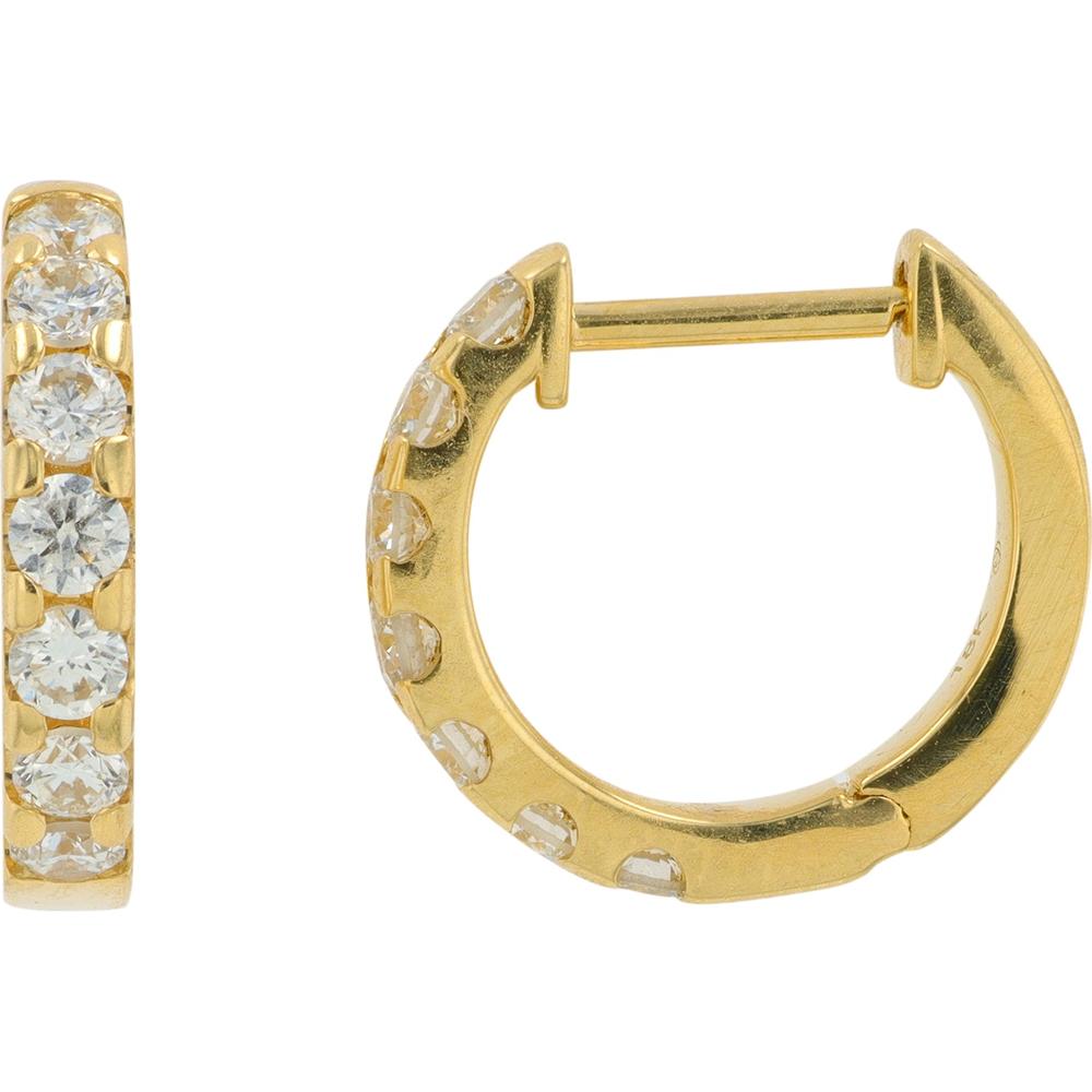 18K Yellow Gold Huggie Earrings with 0.50 Carat Total Round Diamonds - Prong Set