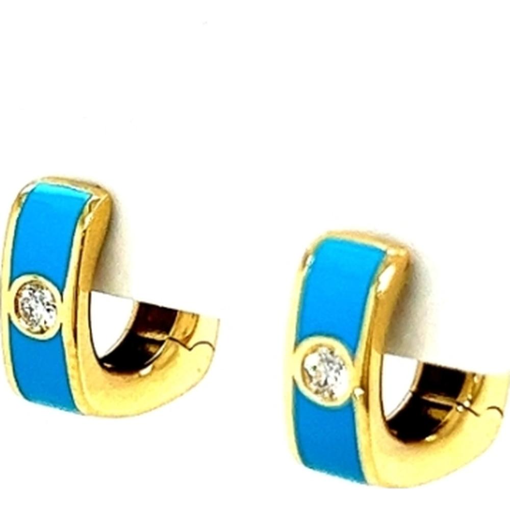 18K Yellow Gold Huggie Earrings with Blue Enamel and Round Diamond Accents by Afarin