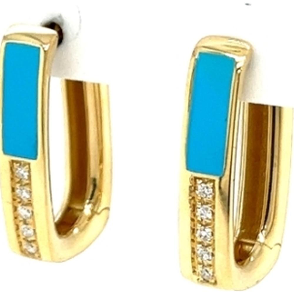 18K Yellow Gold Huggie Earrings with Blue Enamel Inlay and Round Diamonds by Afarin
