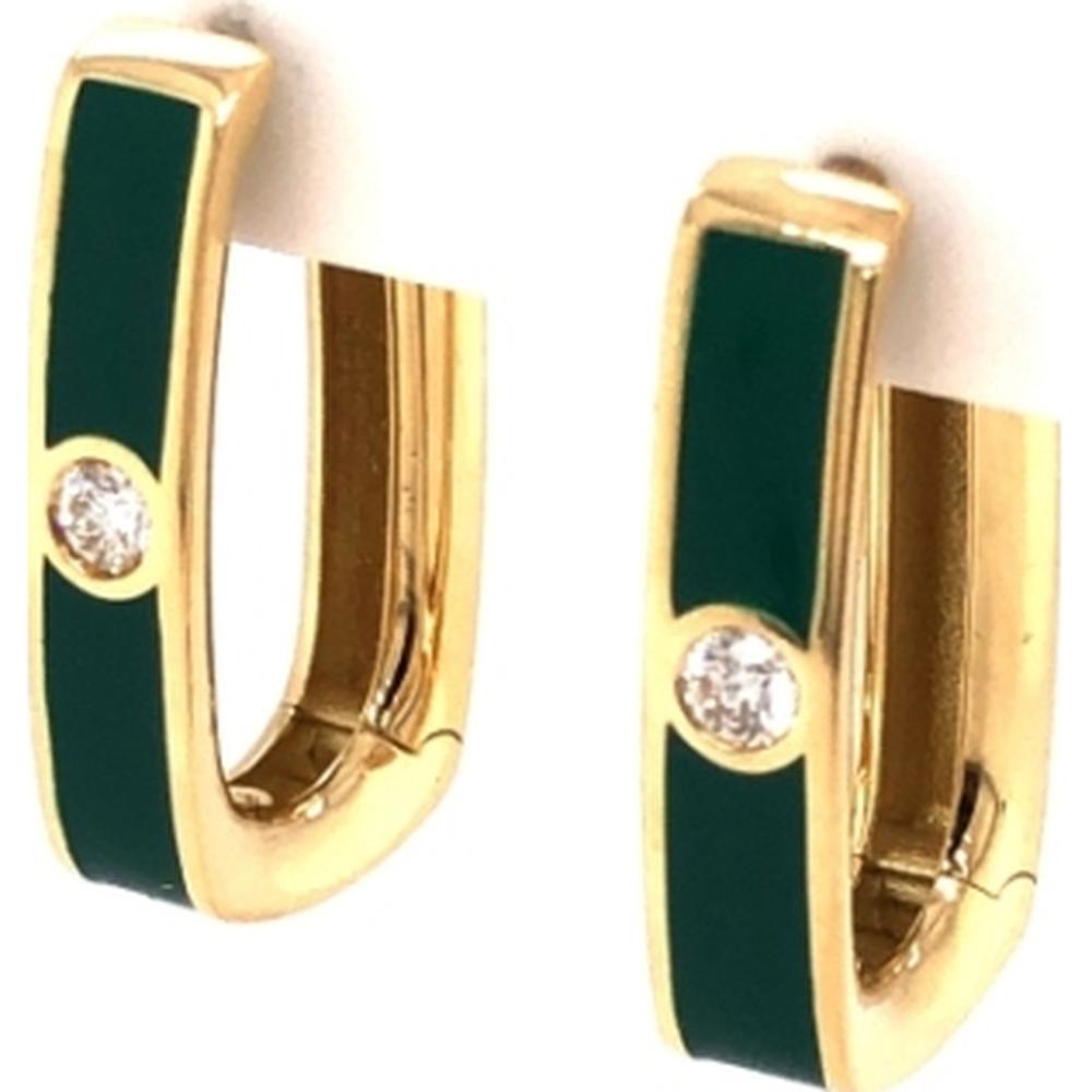 18K Yellow Gold Huggie Earrings with Green Enamel and Round Diamond Accents by Afarin