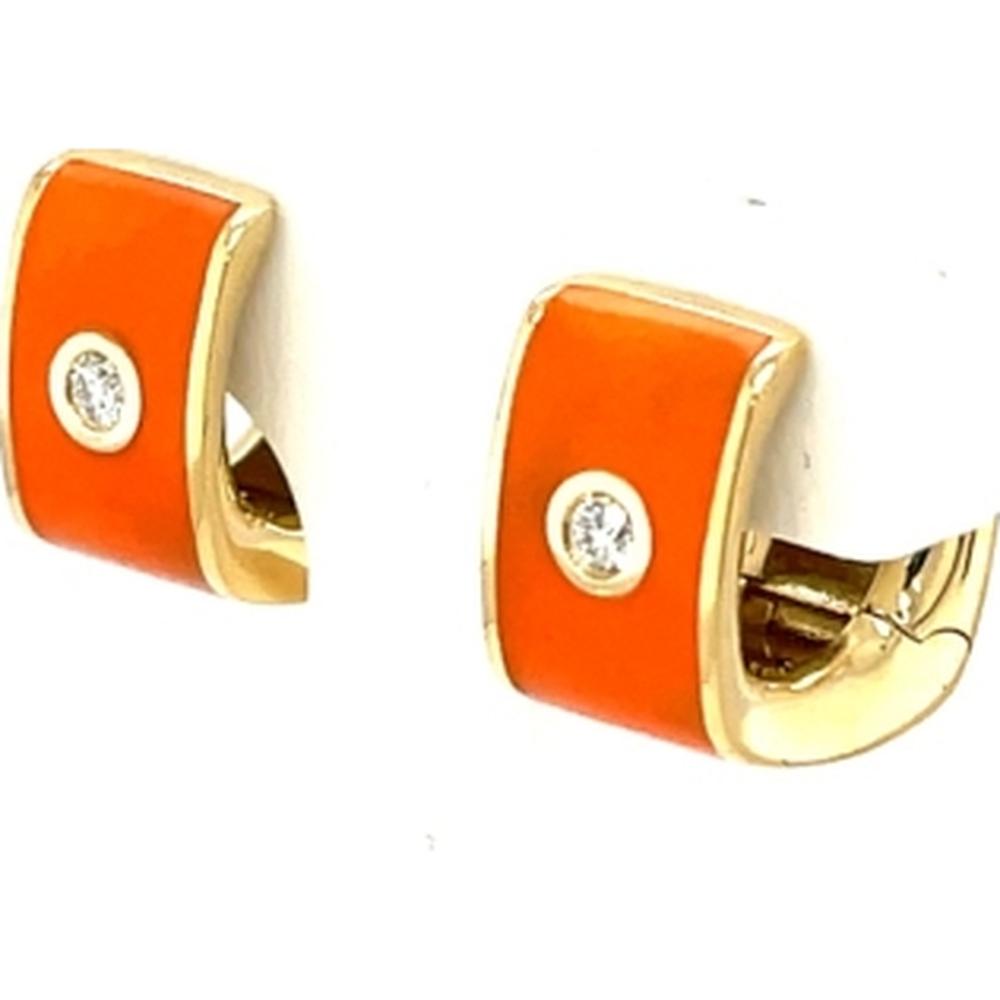 18K Yellow Gold Huggie Earrings with Orange Enamel and Bezel-Set Round Diamond Accents by Afarin