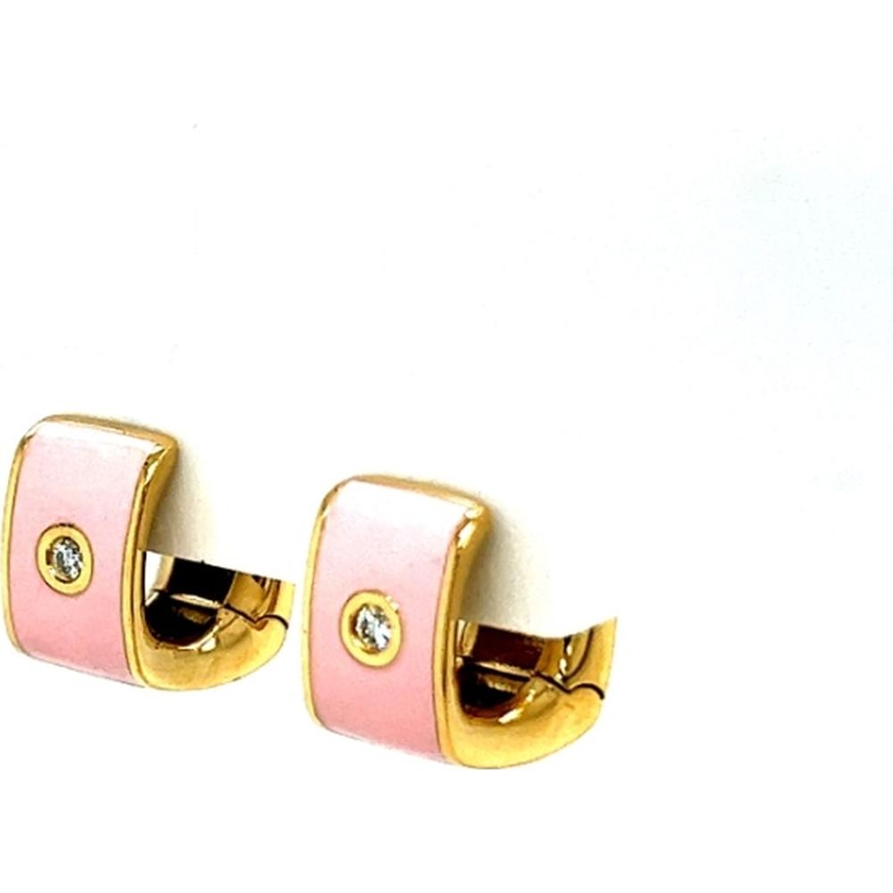 18K Yellow Gold Huggie Earrings with Pink Enamel and Diamond Accents by Afarin