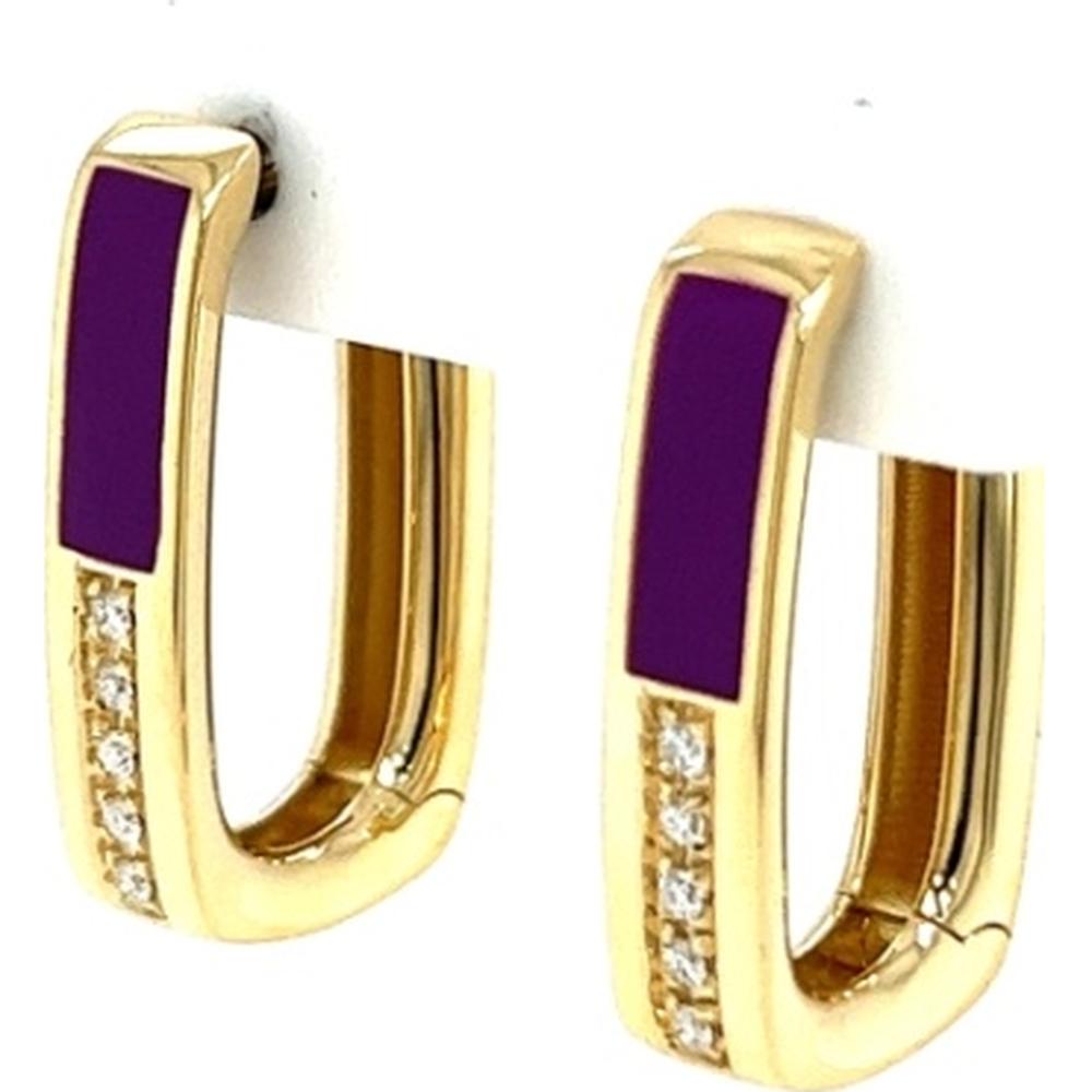 18K Yellow Gold Huggie Earrings with Purple Enamel and Diamond Accents by Afarin
