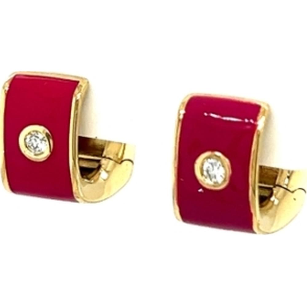 18K Yellow Gold Huggie Earrings with Red Enamel and Bezel-Set Round Diamonds by Afarin