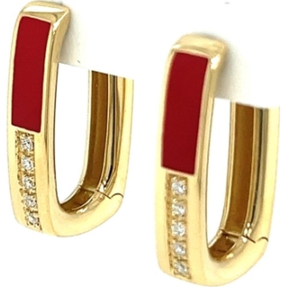 18K Yellow Gold Huggie Earrings with Red Enamel and Diamond Accents by Afarin