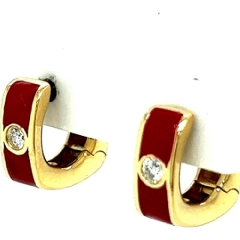 18K Yellow Gold Huggie Earrings with Red Enamel and Round Diamonds by Afarin