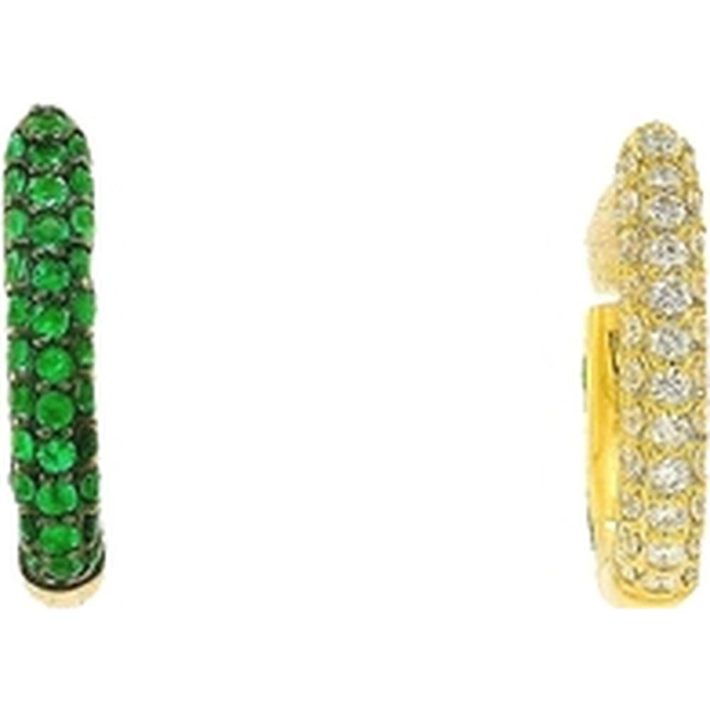18K Yellow Gold Huggie Earrings with Round Diamonds and Emeralds by Afarin