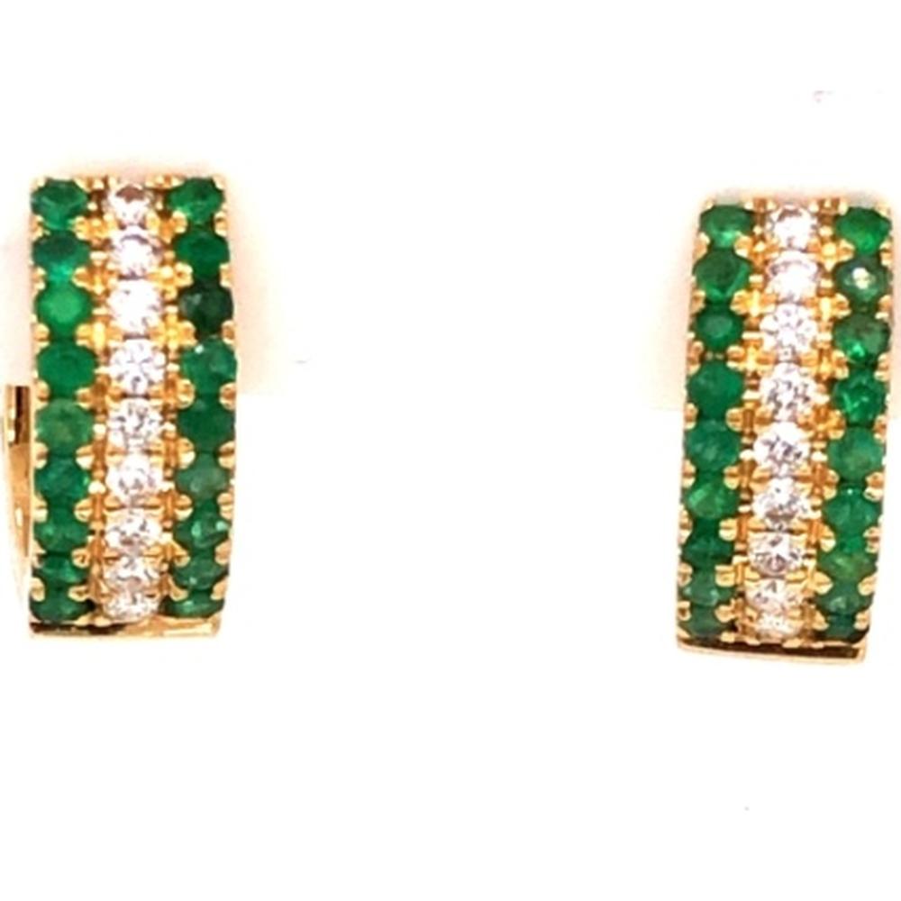 18K Yellow Gold Huggie Earrings with Round Emeralds and Diamond Center Rows by Afarin