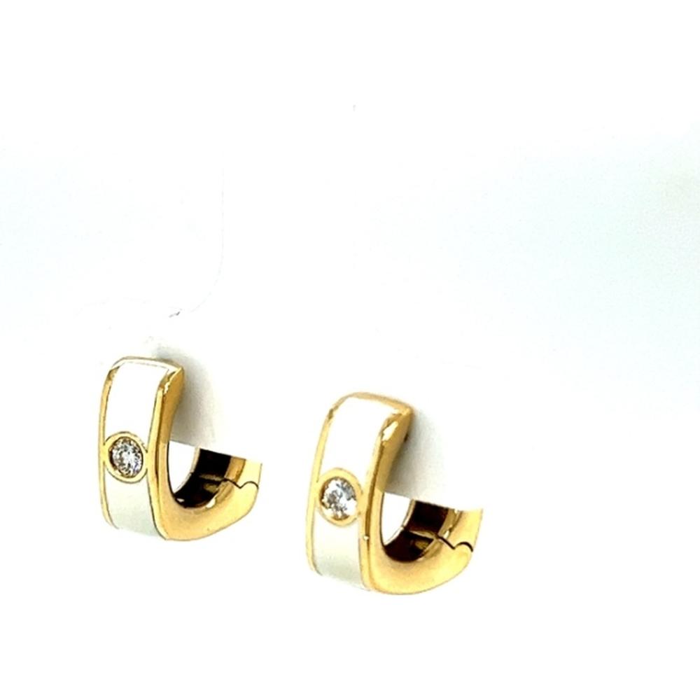 18K Yellow Gold Huggie Earrings with White Enamel and Round Diamond Accents by Afarin
