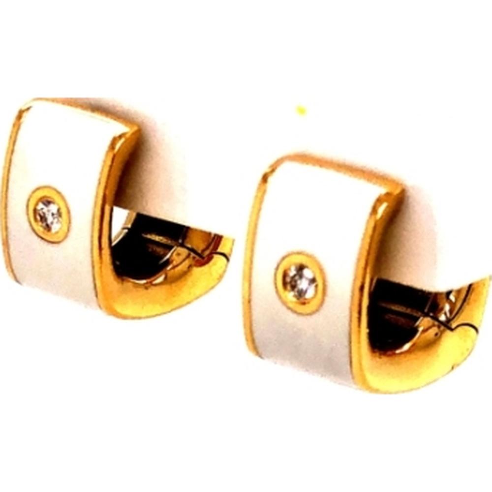 18K Yellow Gold Huggie Earrings with White Enamel and Round Diamonds by Afarin