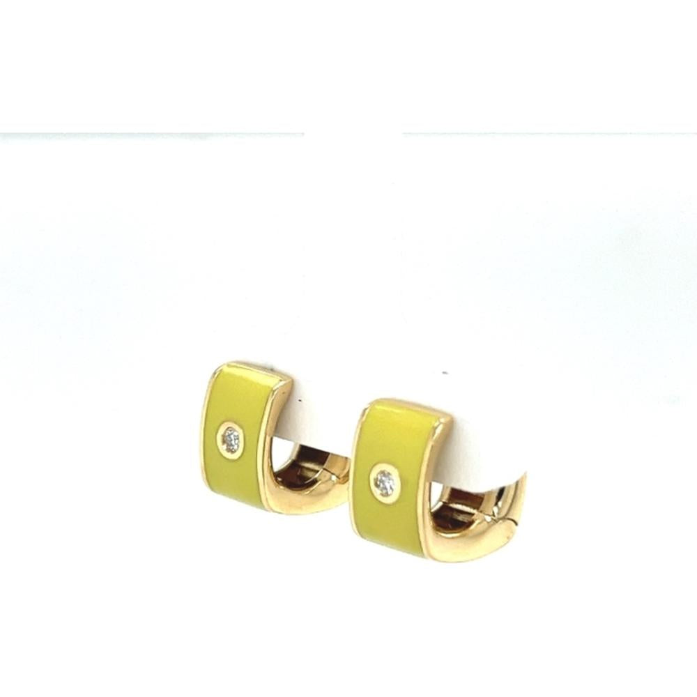 18K Yellow Gold Huggie Earrings with Yellow Enamel and Round Diamonds by Afarin