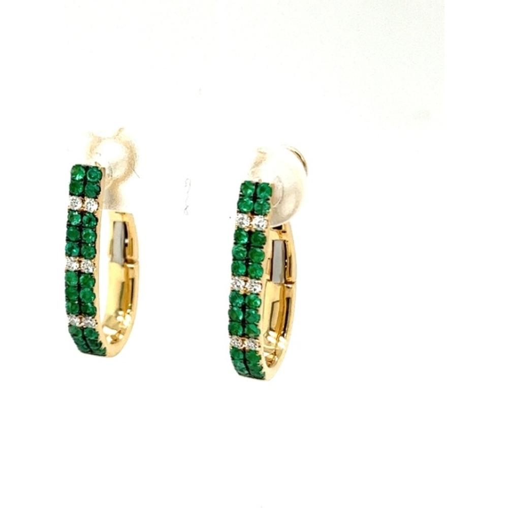 18K Yellow Gold Huggie Hoop Earrings with Round Emeralds and Diamond Accents by Afarin