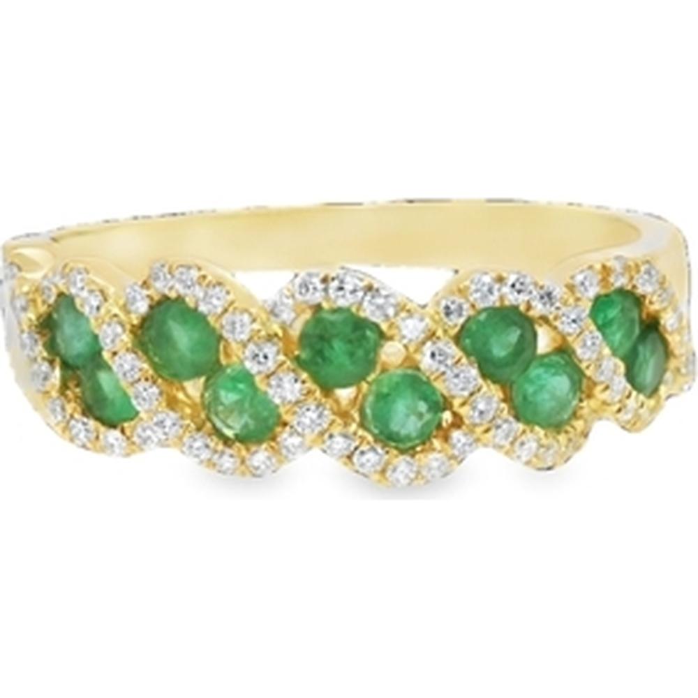 18K Yellow Gold Interwoven Band Ring with Oval Emeralds and Round Diamond Accents by Afarin