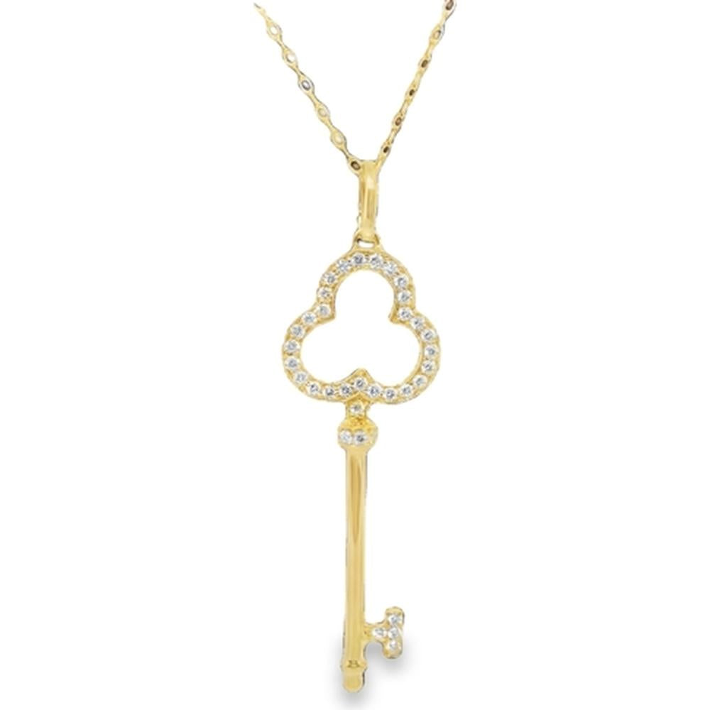 18K Yellow Gold Key Pendant Necklace with Diamond Accents and Clover-Inspired Openwork Design by Afarin