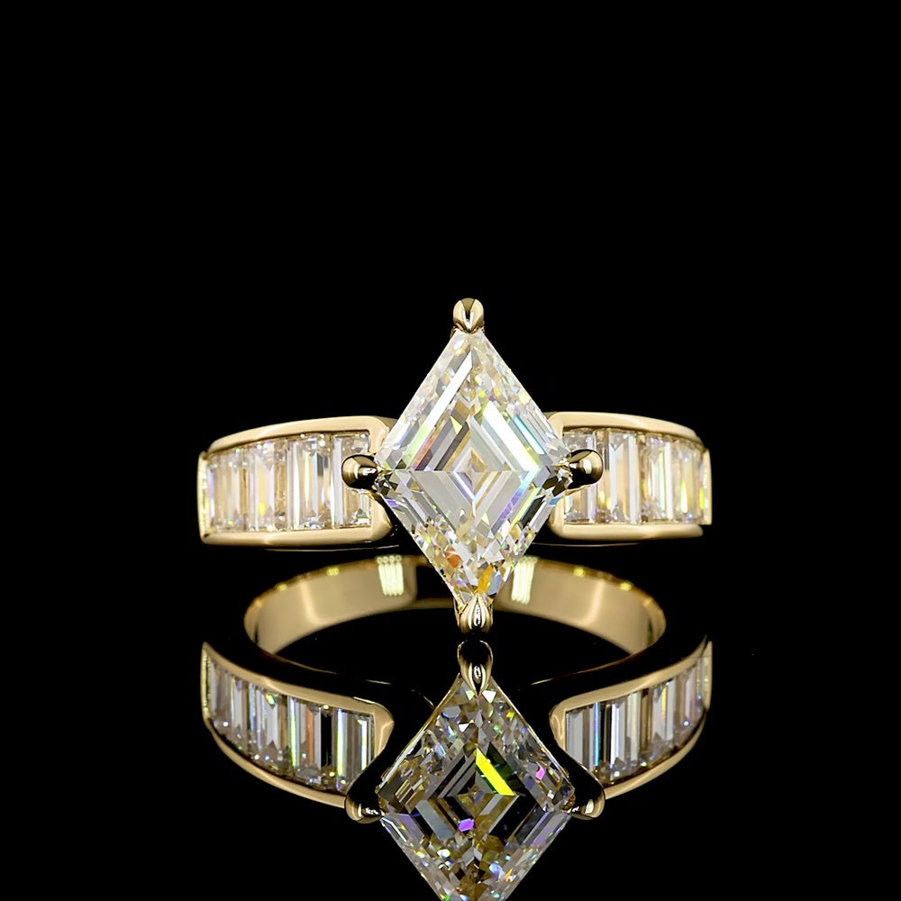 18K Yellow Gold Kite-Shape Solitaire Shank Ring with Bezel & Prong Set Lab Diamonds - 3.93 Carats Total Diamond Weight - Covaloro Fine Jewelry