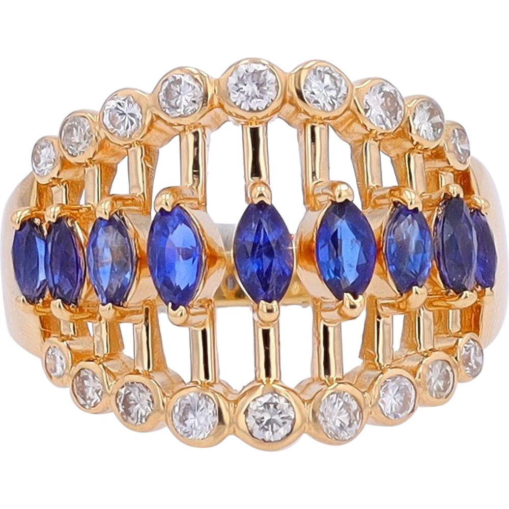 18K Yellow Gold Lattice Ring with Marquise-Cut Sapphires and Round Diamond Accents - 1.02 Carat Total Sapphire Weight & 0.45 Carat Total Diamond Weight