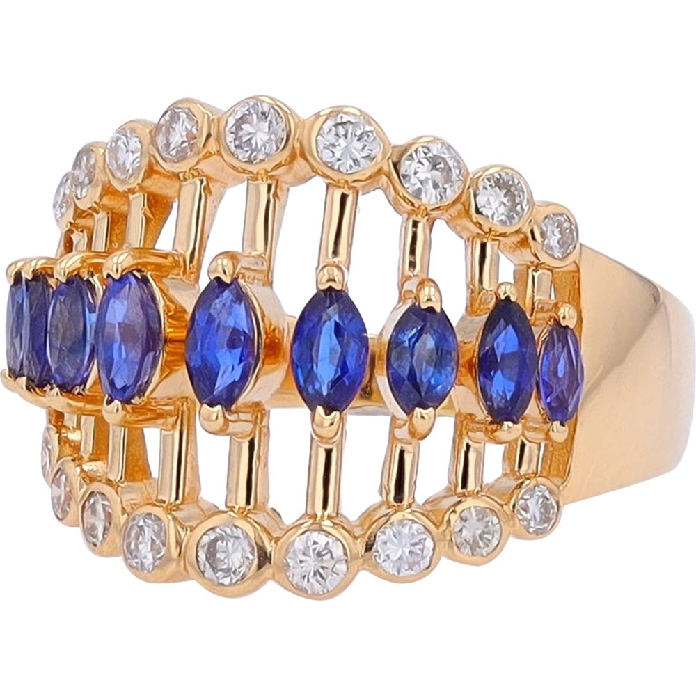 18K Yellow Gold Lattice Ring with Marquise-Cut Sapphires and Round Diamond Accents - 1.02 Carat Total Sapphire Weight & 0.45 Carat Total Diamond Weight