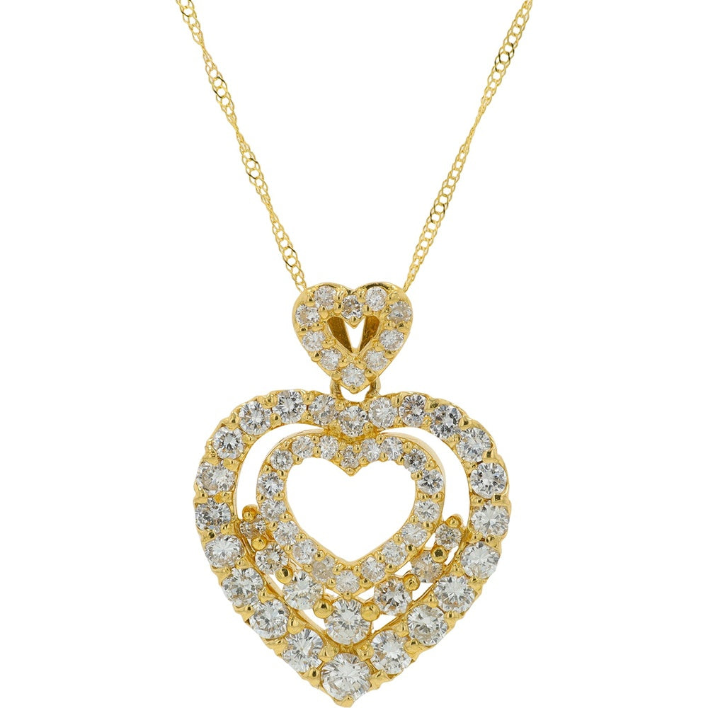 18K Yellow Gold Layered Open Heart Pendant with Prong-Set Round Diamonds - 1.76 Carat Total Diamond Weight