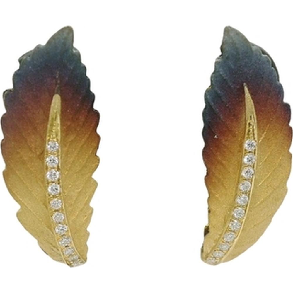 18K Yellow Gold Leaf Drop Earrings with Diamond Accents by Afarin