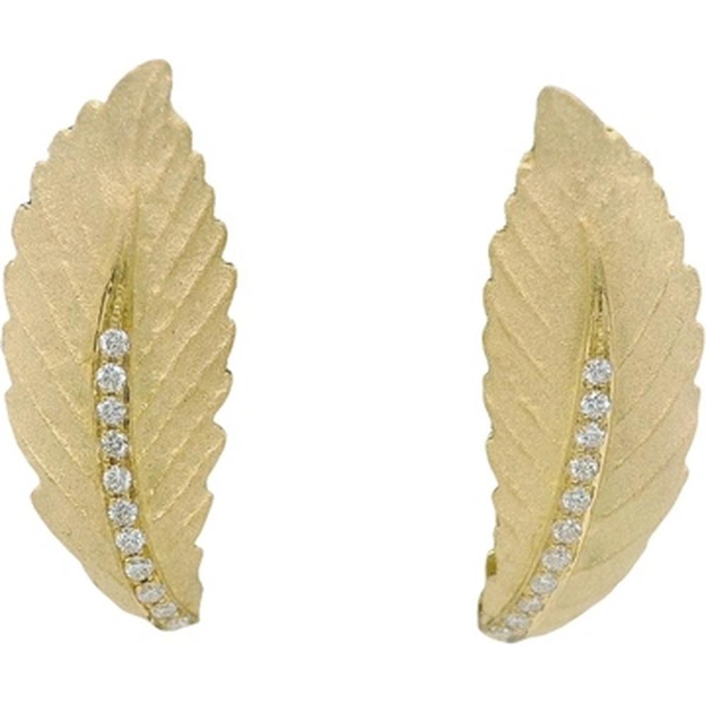 18K Yellow Gold Leaf Motif Diamond Earrings with Satin Textured Finish by Afarin