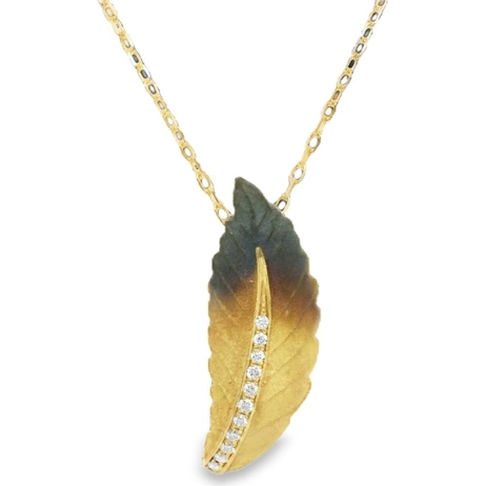 18K Yellow Gold Leaf Pendant Necklace with Diamond Accent by Afarin