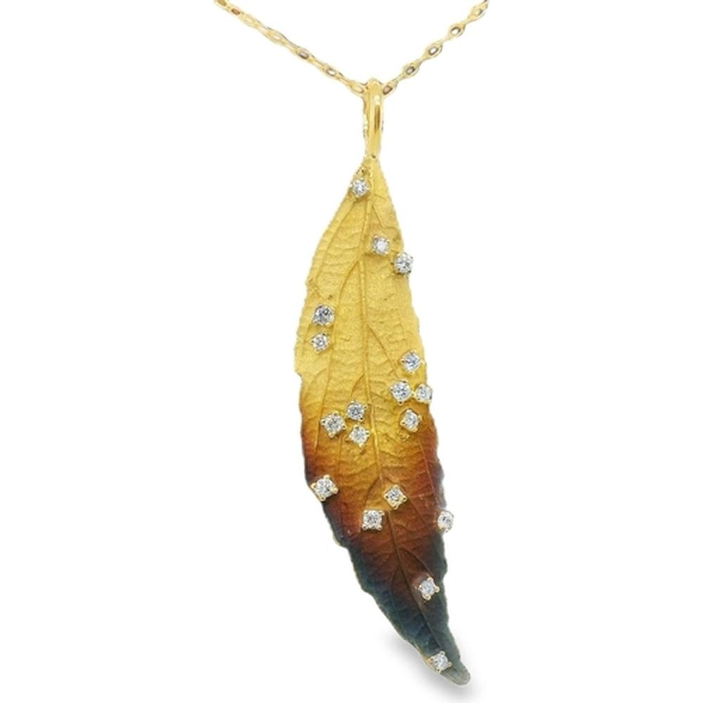 18K Yellow Gold Leaf Pendant Necklace with Scattered Round Diamonds by Afarin