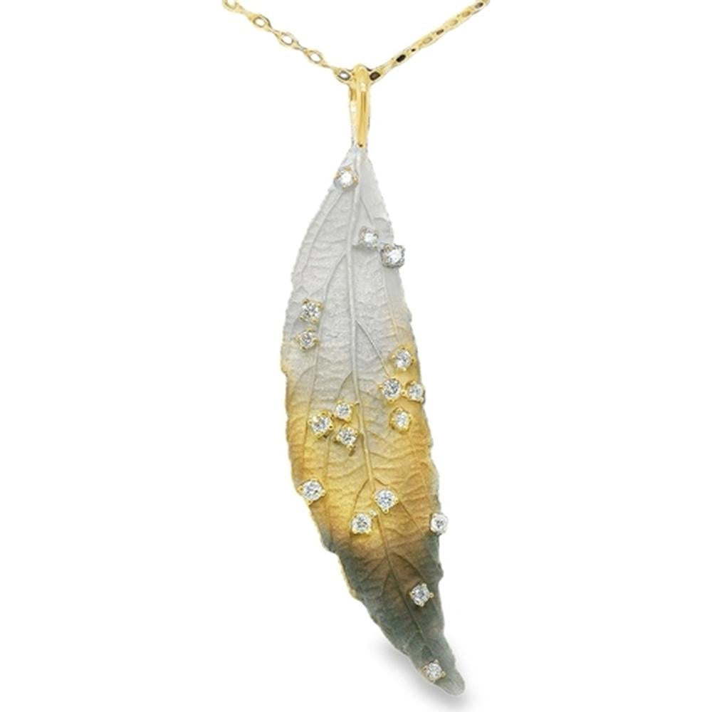 18K Yellow Gold Leaf Pendant Necklace with Scattered Round Diamonds by Afarin