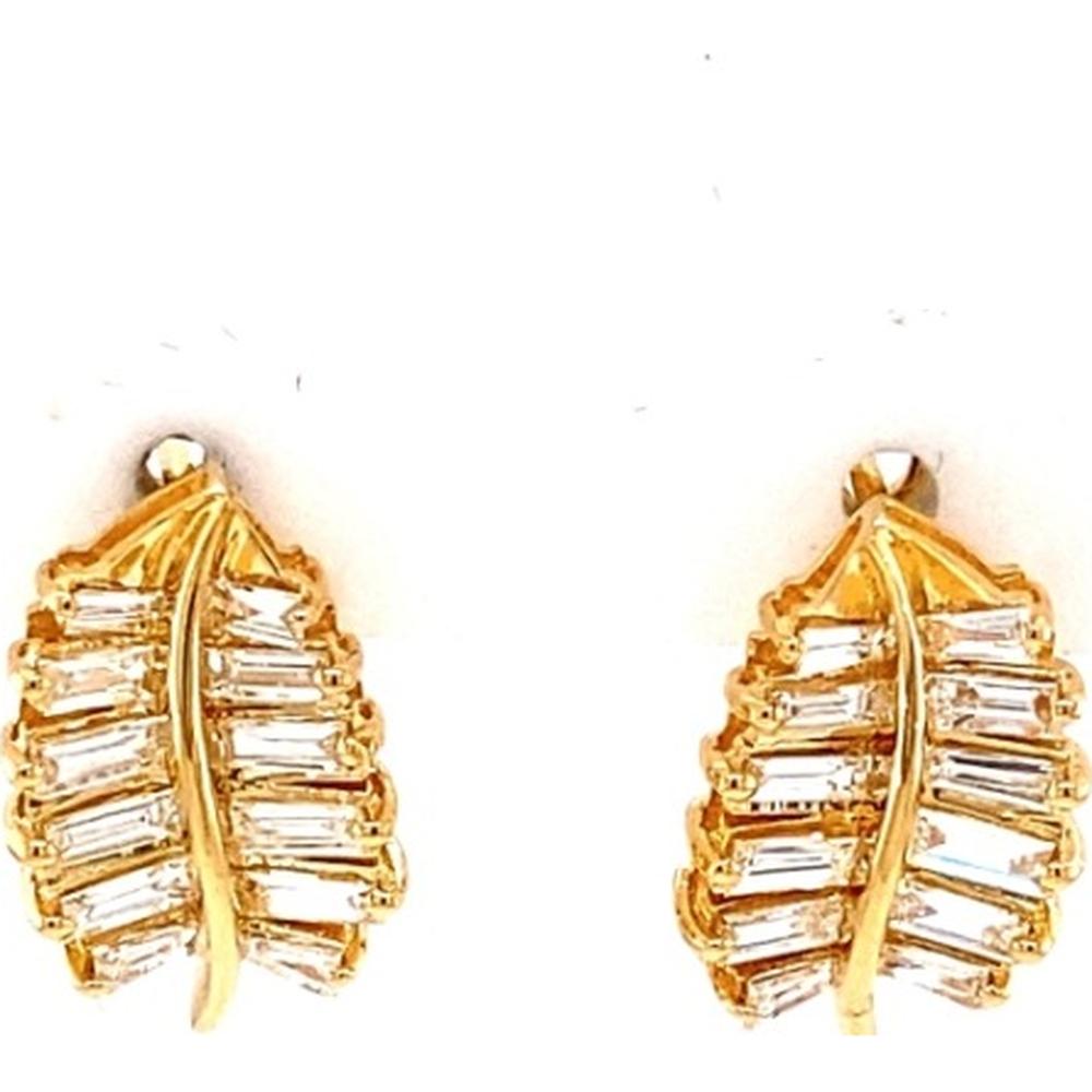 18K Yellow Gold Leaf Stud Earrings with Baguette Diamonds by Afarin