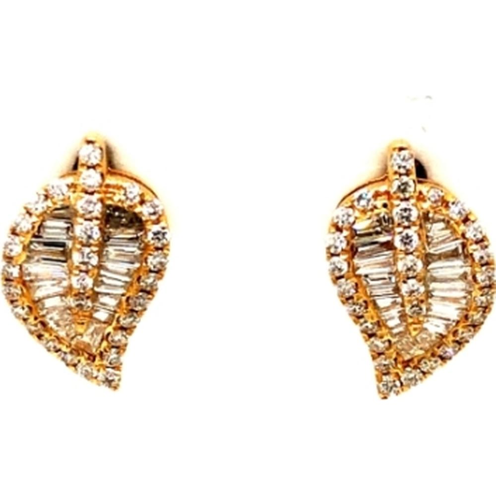 18K Yellow Gold Leaf Stud Earrings with Round and Baguette Diamonds by Afarin