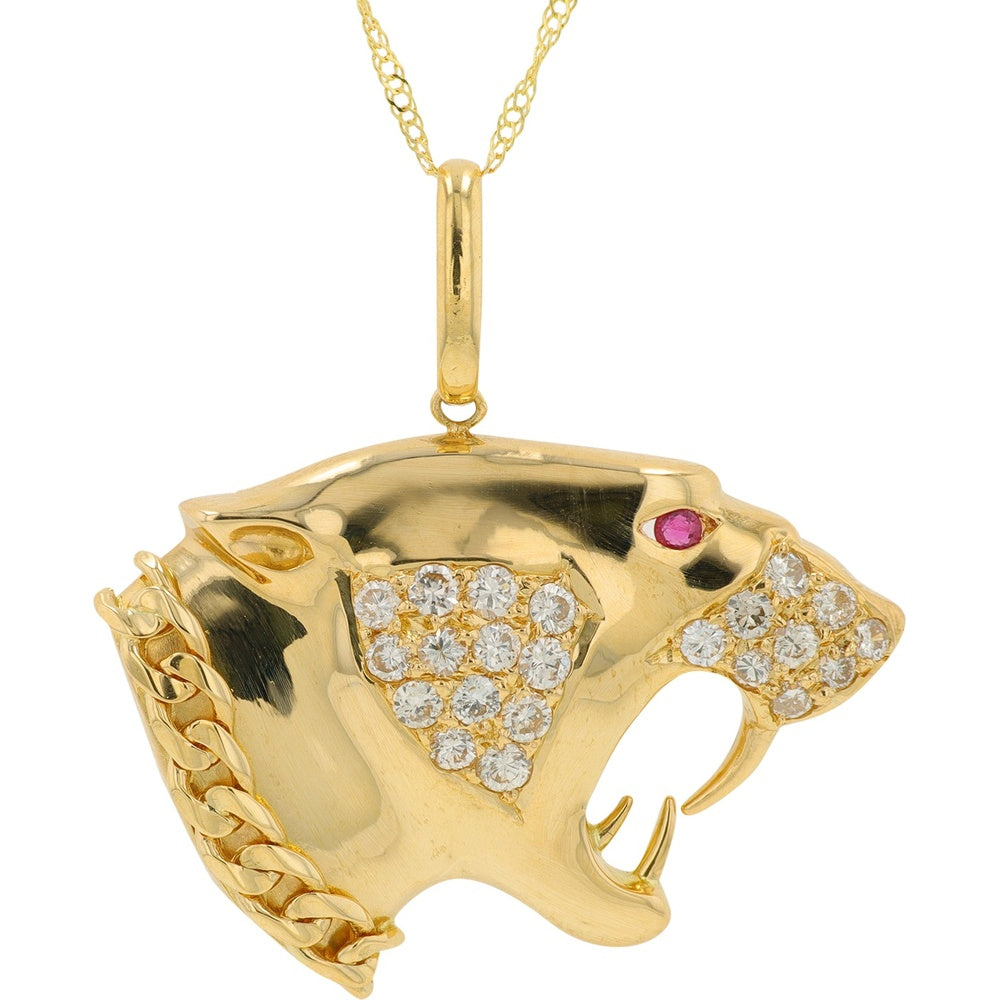 18K Yellow Gold Leopard Pendant with 0.96 Carat Pave Diamonds and 0.06 Carat Round Ruby Eye - 18 Inch Chain