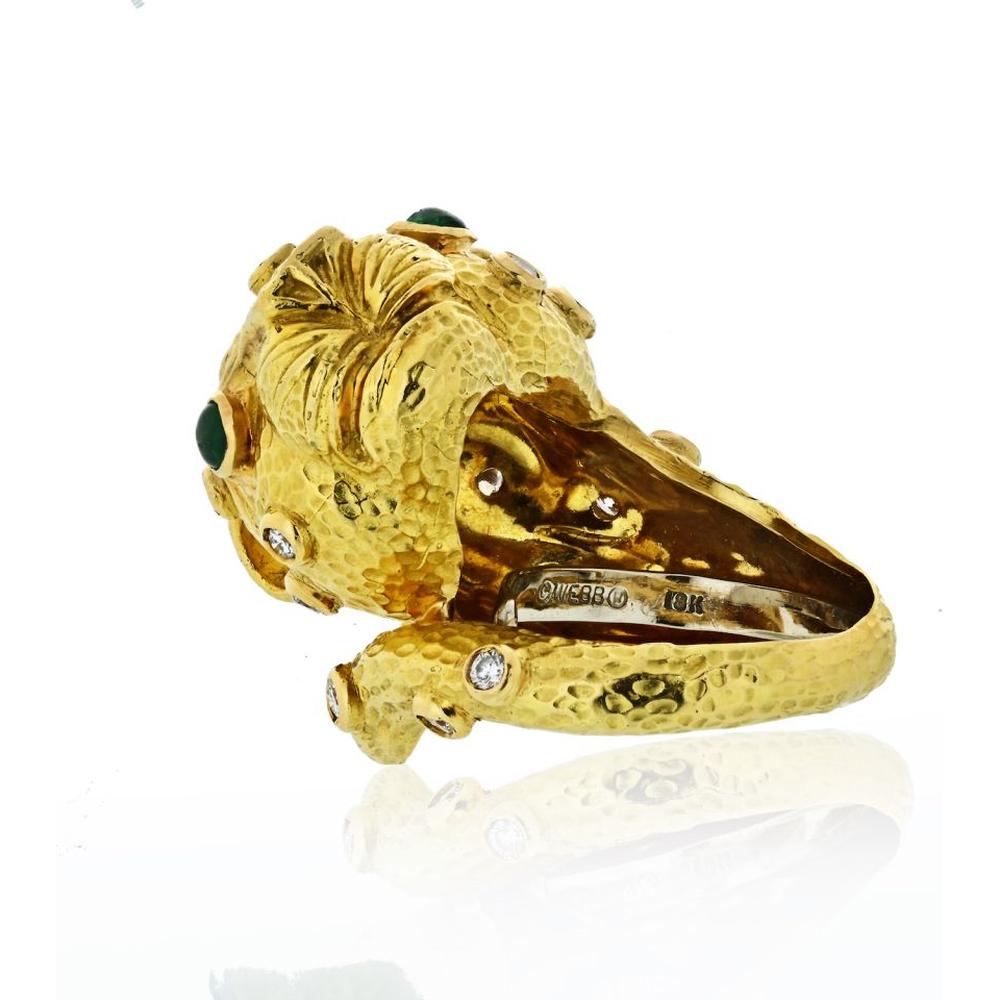 18K Yellow Gold Leopard Ring with Cabochon Emerald Eyes and Diamond Accents by David Webb