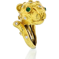 18K Yellow Gold Leopard Ring with Cabochon Emerald Eyes and Diamond Accents by David Webb