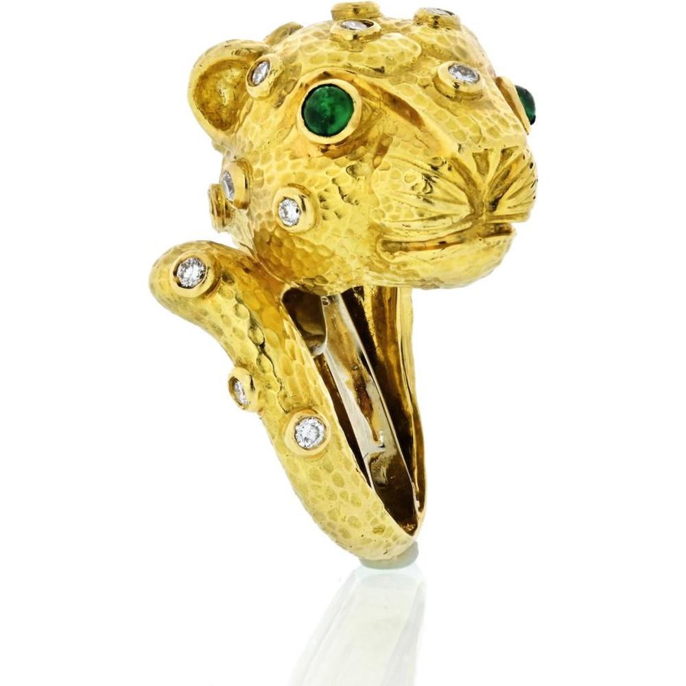 18K Yellow Gold Leopard Ring with Cabochon Emerald Eyes and Diamond Accents by David Webb