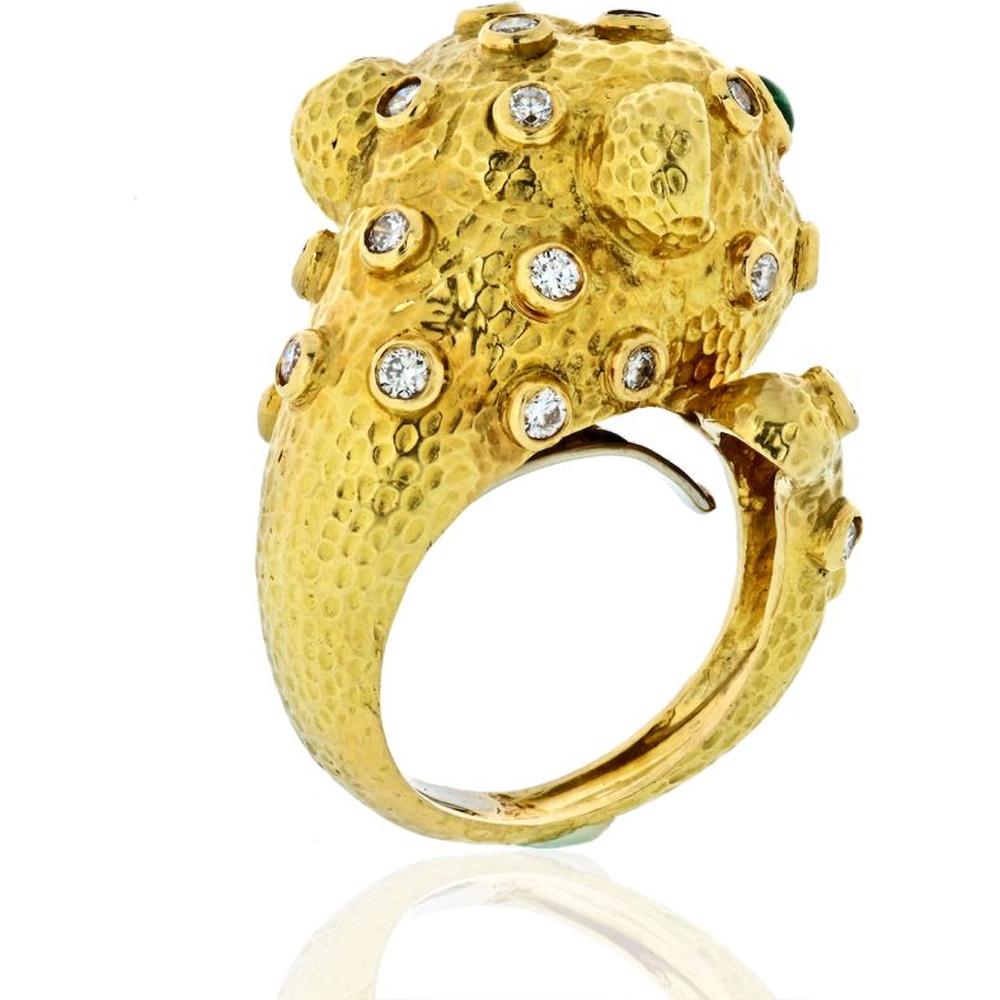 18K Yellow Gold Leopard Ring with Cabochon Emerald Eyes and Diamond Accents by David Webb