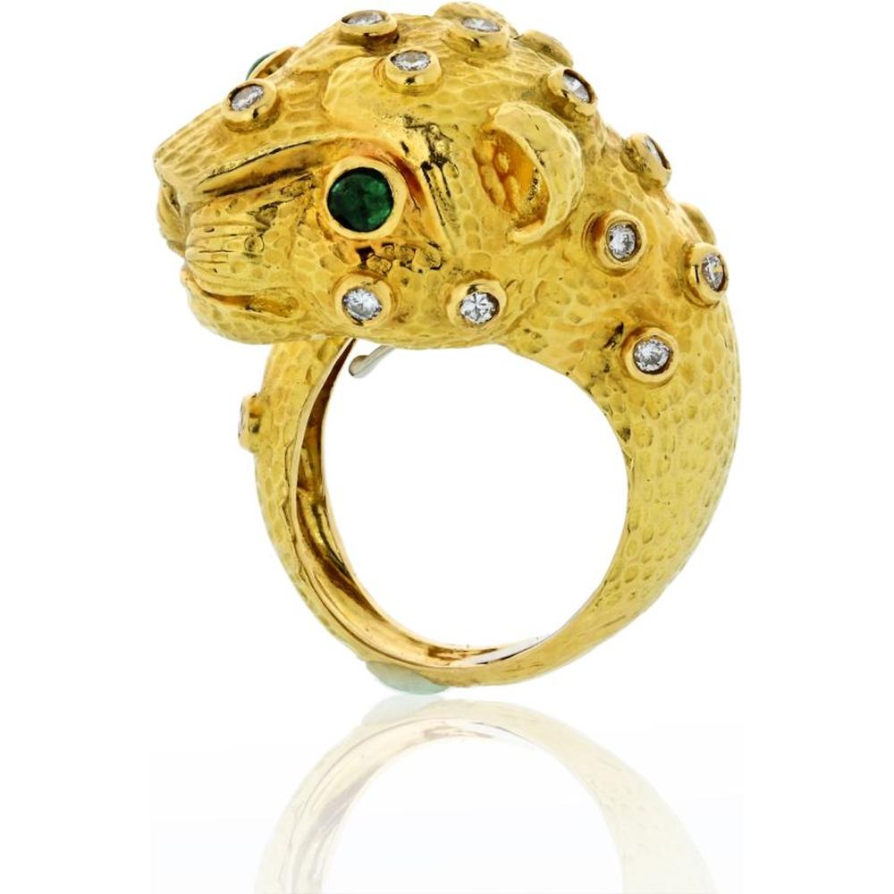 18K Yellow Gold Leopard Ring with Cabochon Emerald Eyes and Diamond Accents by David Webb