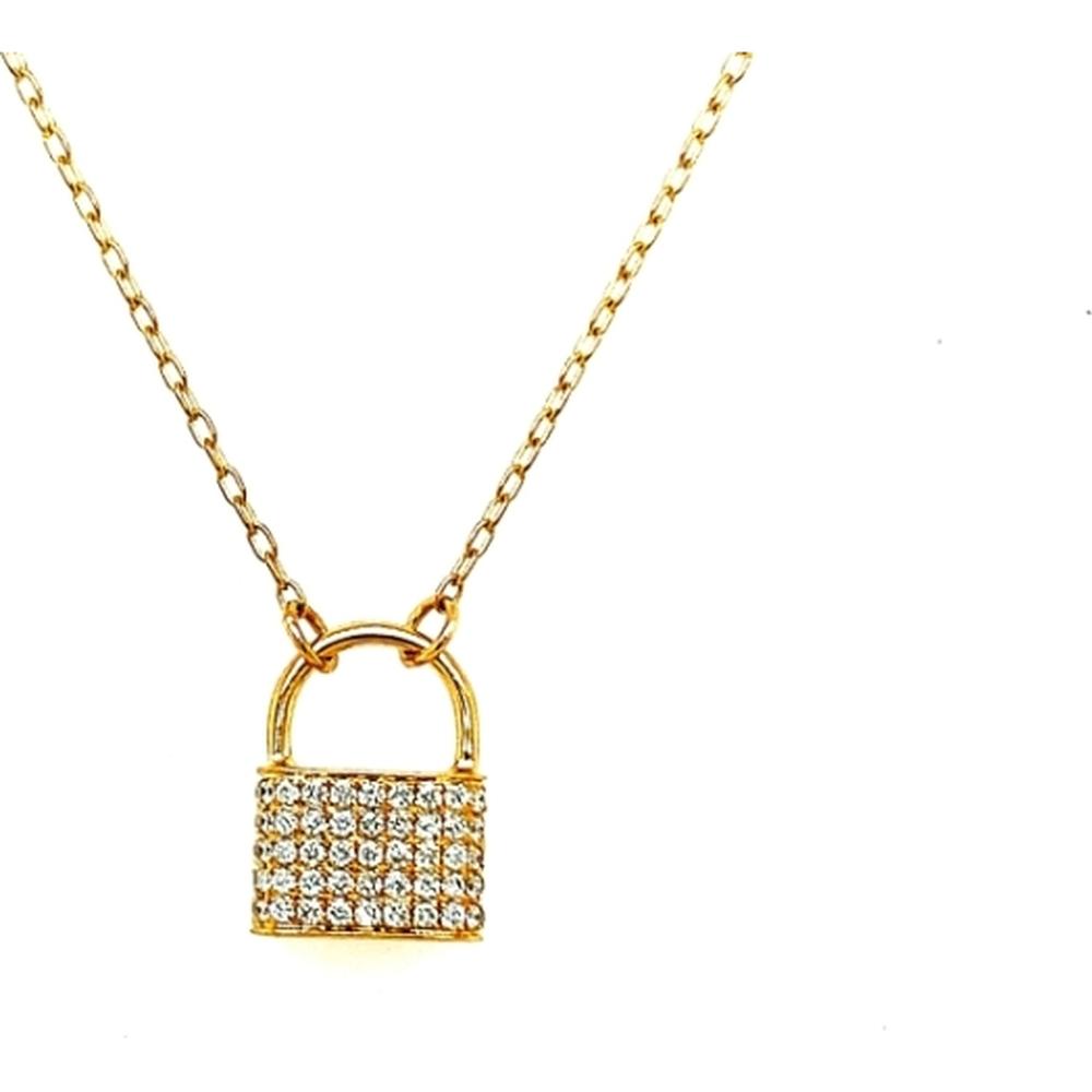 18K Yellow Gold Lock Pendant Necklace with Pave Set Round Diamonds by Afarin