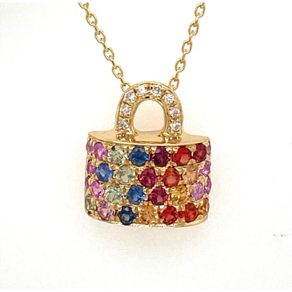 18K Yellow Gold Lock Pendant Necklace with Round Multi-Color Sapphires by Afarin