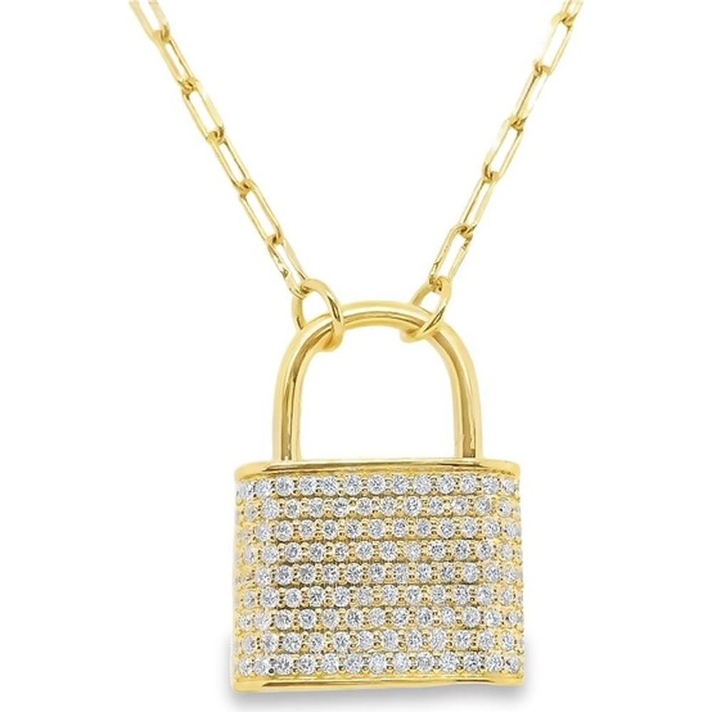 18K Yellow Gold Lock Pendant Necklace with Round Pave Diamonds by Afarin