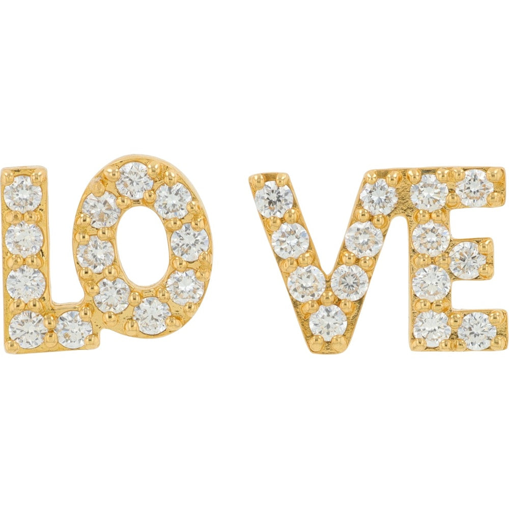 18K Yellow Gold 'Love' Stud Earrings with Pavé-Set Lab Grown Round Diamonds - 0.40 Carat Total Diamond Weight